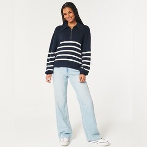 Hollister Oversized Half-Zip Sweater in Navy Stripe
